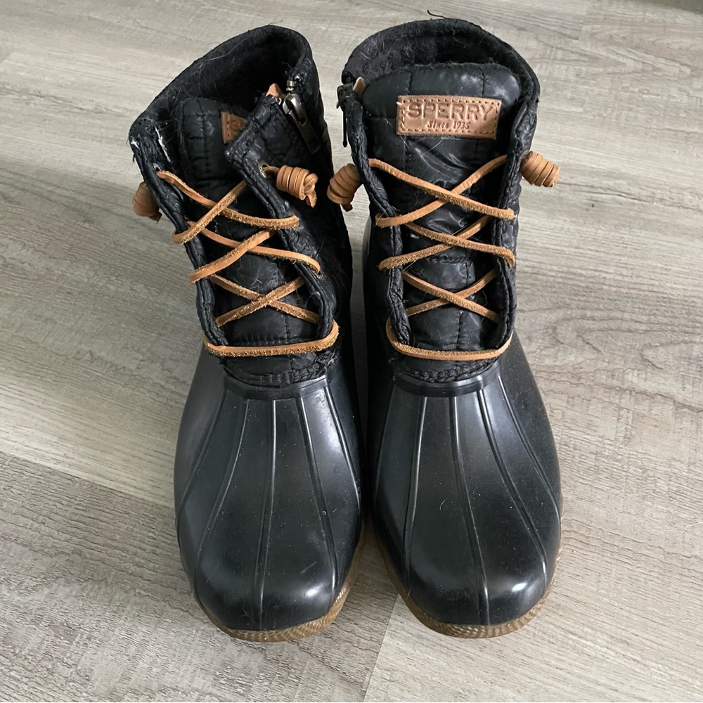 Sperry Black Duck Boots with Brown Laces
